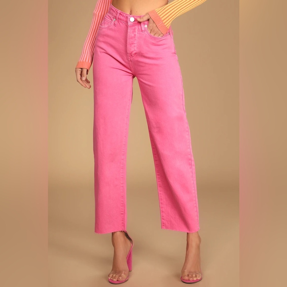 Blank NYC The Baxter Button Fly Ribcage Straight Raw Hem Cotton Pink Jeans 24